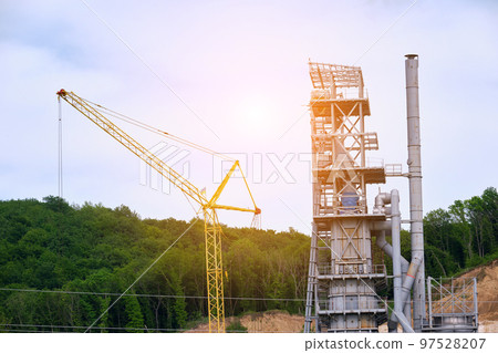 Cement plant with high metal factory structure at industrial production area. Manufacture and global industry concept. 97528207