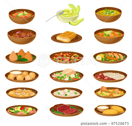 Brazilian Dishes or Main Courses Served on Plates Side View Big Vector Set 97528673