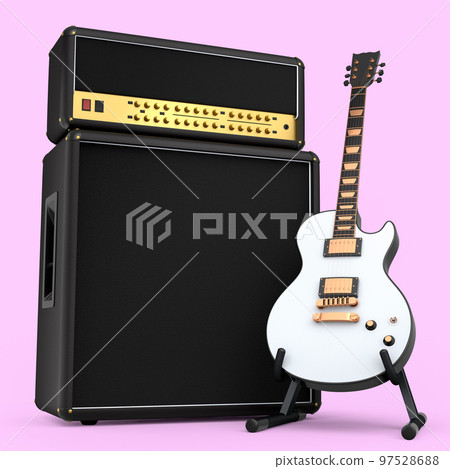 Classical amplifier with acoustic guitar on stand isolated on pink background. 97528688
