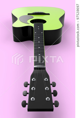 Close-up of acoustic guitar isolated on pink background. Close-up of acoustic guitar isolated on pink background. 97528697