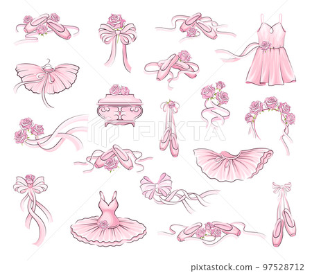 Ballet Accessories with Pink Tutu Skirt and Pair of Pointe-shoes, Bow and Satin Ribbon Big Vector Set 97528712