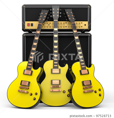 Set of electric acoustic guitar and amplifier on white background. 97528713