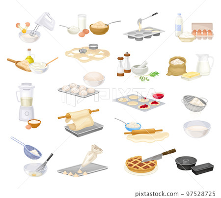 Baking Process with Ingredients and Cookware Big Vector Set Baking Process with Ingredients and Cookware Big Vector Set 97528725