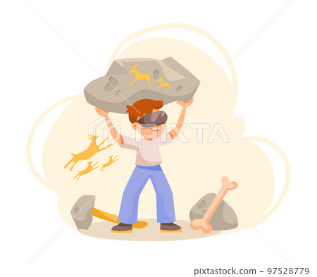 Little Boy in Augmented Reality Glasses Lifting Heavy Boulder Vector Illustration 97528779