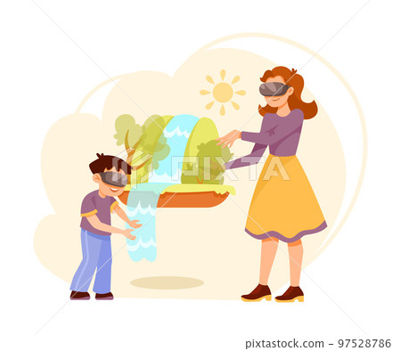 Woman with Kid in Augmented Reality Glasses Near Waterfall Vector Illustration Woman with Kid in Augmented Reality Glasses Near Waterfall Vector Illustration 97528786