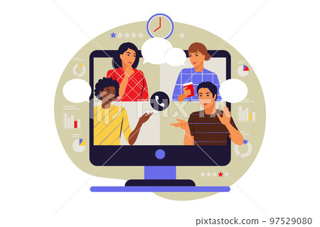 Video conference concept. Colleagues on computer screen talking. Vector illustration. Flat. Video conference concept. Colleagues on computer screen talking. Vector illustration. Flat. 97529080