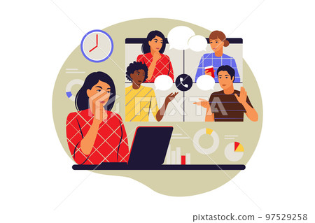 Remote meetings concept. Video conference, remote work concept. Vector illustration. Flat. Remote meetings concept. Video conference, remote work concept. Vector illustration. Flat. 97529258