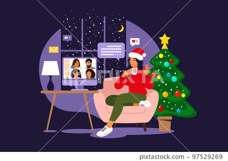 Happy friends celebrate Christmas and new year. Home online party. Girl in a Santa hat communicates with friends through a video call. Vector. Flat. Happy friends celebrate Christmas and new year. Home online party. Girl in a Santa hat communicates with friends through a video call. Vector. Flat. 97529269
