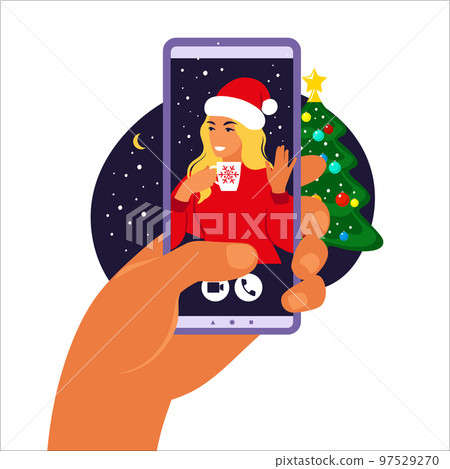 Christmas and New Year online celebration using mobile phone. Party online, christmas video call. Vector illustration. Christmas and New Year online celebration using mobile phone. Party online, christmas video call. Vector illustration. 97529270