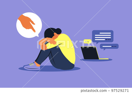 Cyber bullying concept. Depressed woman sitting on the floor. Opinion and the pressure of society. Shame. Vector flat Cyber bullying concept. Depressed woman sitting on the floor. Opinion and the pressure of society. Shame. Vector flat 97529271