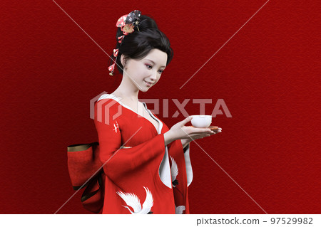 Bewitching Japanese hair woman in red kimono holding Japanese tea Bewitching Japanese hair woman in red kimono holding Japanese tea 97529982