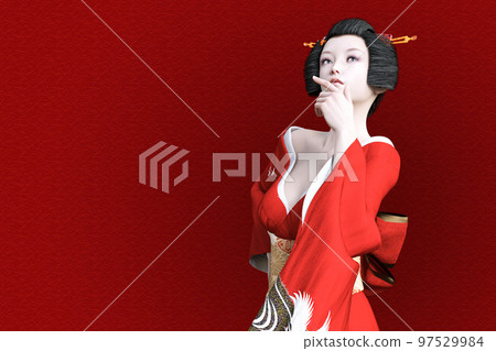 A woman with Japanese hair wearing a red kimono looking into the distance with her hands on her face A woman with Japanese hair wearing a red kimono looking into the distance with her hands on her face 97529984