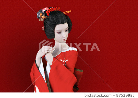 A bewitching Japanese hair woman in a red kimono with a neat expression A bewitching Japanese hair woman in a red kimono with a neat expression 97529985