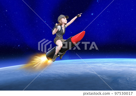 A girl riding a lipstick-shaped rocket and adventuring in space 97530017