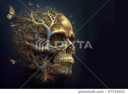 An Ornate Human Skull with Tree Growing out of it and Butterflies Flying Around 97530401