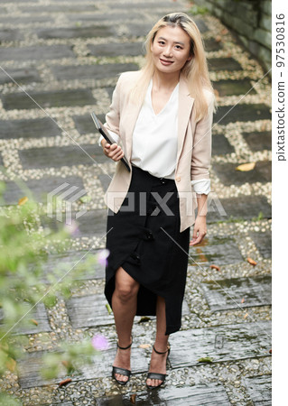 Portrait of smiling elegant businesswoman standing outdoors with tablet computer in hands Portrait of smiling elegant businesswoman standing outdoors with tablet computer in hands 97530816
