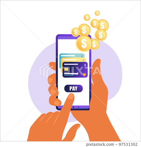 Online mobile payment concept. Mobile phone with credit card icon on the touch screen. Data protection concept. Can use for web banner, infographics. 97531302