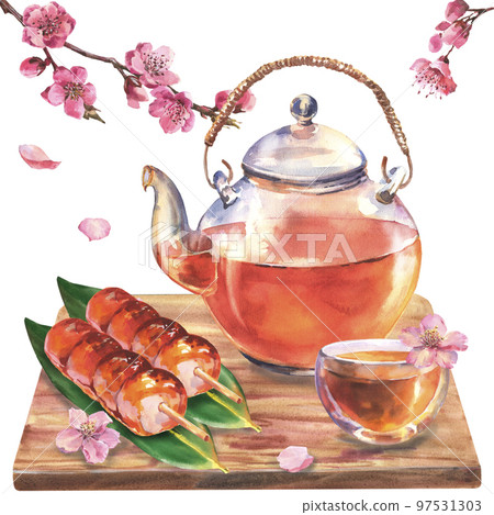 Watercolor asian tea composition with transporant teapot, cup of tea, dango on leaves nory on wooden board and sakura branch isolate on white background. 97531303