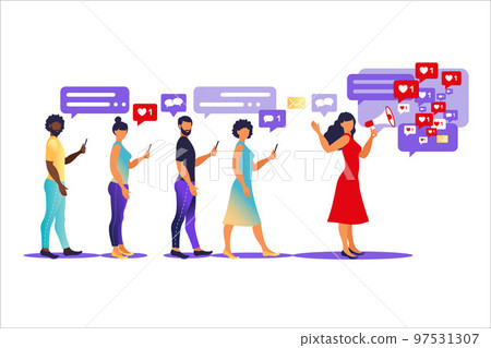 Characters - influencer marketing concept - blogger promotion services and goods for his followers online Characters - influencer marketing concept - blogger promotion services and goods for his followers online 97531307