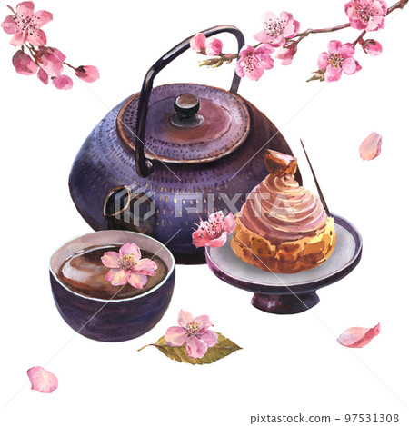 Watercolor illustration of japan tea ceremony, composition of dark purple ceramic teapot, bowl of tea, cupcakes with cherry and cherry blossom twigs, isolated on white background. 97531308