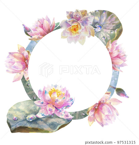 watercolor wreath of water lily flowers with empty space for your text. Greeting card with watercolor wild flowers on a white background. 97531315