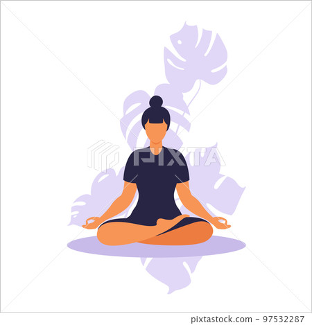 Concept woman practicing yoga and meditation on home. The girl sits in the lotus position, the thought process, the inception and the search for ideas. Time management. Vector. Concept woman practicing yoga and meditation on home. The girl sits in the lotus position, the thought process, the inception and the search for ideas. Time management. Vector. 97532287