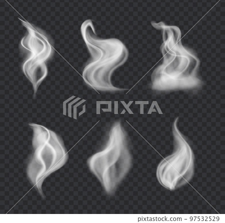 Smoke vector collection, isolated, transparent background. Set of realistic white smoke steam, waves from coffee, tea Smoke vector collection, isolated, transparent background. Set of realistic white smoke steam, waves from coffee, tea 97532529