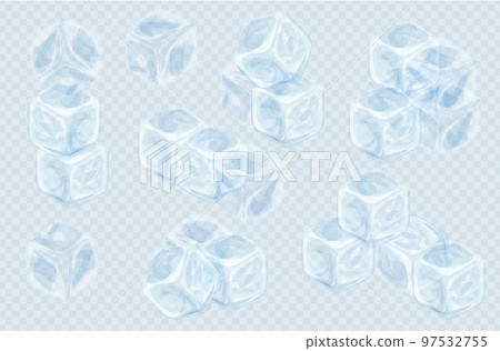 Set of four realistic translucent ice cubes in blue color. Realistic transparent isolated vector illustration 97532755