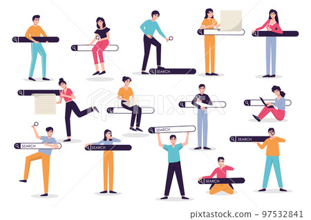 Search bars and people browsing online information, surfing internet. Personalised search results, SEO optimisation and search bar with finders characters vector set 97532841