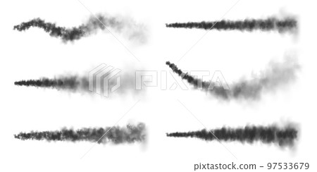 Realistic missile or bullet trail. Airplane condensation trails, jet aircraft tracks. Space rocket launch. Black smoke clouds, explosion. Steam flow. Vector illustration Realistic missile or bullet trail. Airplane condensation trails, jet aircraft tracks. Space rocket launch. Black smoke clouds, explosion. Steam flow. Vector illustration 97533679