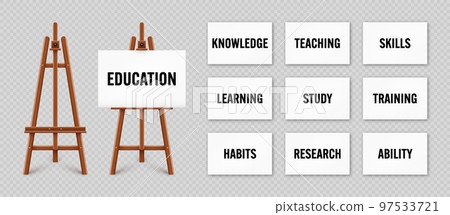 Realistic paint desk with text on white canvas. Wooden easel and a sheet of drawing paper. Presentation board on a tripod. Online studying, e-learning and education, web tutorial. Vector illustration Realistic paint desk with text on white canvas. Wooden easel and a sheet of drawing paper. Presentation board on a tripod. Online studying, e-learning and education, web tutorial. Vector illustration 97533721