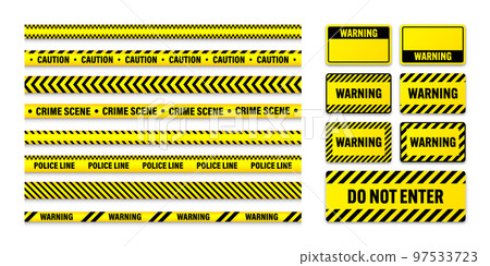 Various barricade construction tapes and warning shields. Yellow police warning line, brightly colored danger or hazard stripe, ribbon. Restricted area, zone. Attention symbol. Vector illustration 97533723