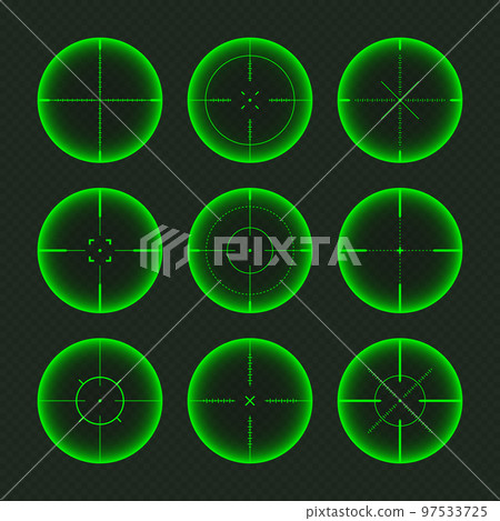 Various weapon night sights, sniper rifle optical scopes. Hunting gun viewfinder with crosshair. Aim, shooting mark symbol. Military target sign, silhouette. Game UI element. Vector illustration Various weapon night sights, sniper rifle optical scopes. Hunting gun viewfinder with crosshair. Aim, shooting mark symbol. Military target sign, silhouette. Game UI element. Vector illustration 97533725