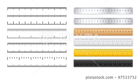 Realistic metal and plastic rulers. Measurement scales with divisions. Scale for measuring length or height in centimeters, inches. Ruler, tape measure marks, size indicators. Vector illustration 97533732
