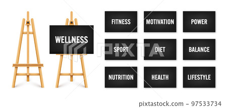 Realistic paint desk with text on black canvas. Wooden easel and a sheet of drawing paper. Presentation board on a tripod. Wellness, healthy lifestyle and motivation. Vector illustration 97533734