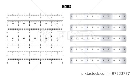 Realistic metal rulers with black inch scale for measuring length or height. Various measurement scales with divisions. Ruler, tape measure marks, size indicators. Vector illustration Realistic metal rulers with black inch scale for measuring length or height. Various measurement scales with divisions. Ruler, tape measure marks, size indicators. Vector illustration 97533777