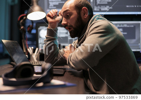 Shocked surprised coder finding out good news on computer, working on software developing after hours. Feeling excited and astonished in office, programming html script source code. Shocked surprised coder finding out good news on computer, working on software developing after hours. Feeling excited and astonished in office, programming html script source code. 97533869