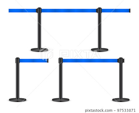 Realistic blue retractable belt stanchion. Crowd control barrier posts with caution strap. Queue lines. Restriction border and danger tape. Attention, warning sign. Vector illustration 97533871