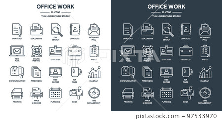 Business and office work, planning and scheduling. Daily schedule, employees, working day. Office tools and stationery supplies, documents, paperwork. Thin line web icons set. Vector illustration Business and office work, planning and scheduling. Daily schedule, employees, working day. Office tools and stationery supplies, documents, paperwork. Thin line web icons set. Vector illustration 97533970