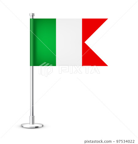 Realistic Italian table flag on a chrome steel pole. Souvenir from Italy. Desk flag made of paper or fabric and shiny metal stand. Mockup for promotion and advertising. Vector illustration 97534022