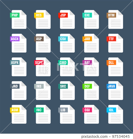 Common system file formats. Document types and extensions. Flat style icons collection. Document pictogram, web design UI element, template. Computer program or application icon. Vector illustration 97534045