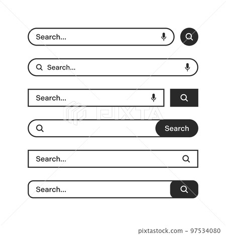 Various search bars with outline border. Internet browser engine with search box, address bar and text field. UI design, website interface element, web icons and push button. Vector illustration Various search bars with outline border. Internet browser engine with search box, address bar and text field. UI design, website interface element, web icons and push button. Vector illustration 97534080