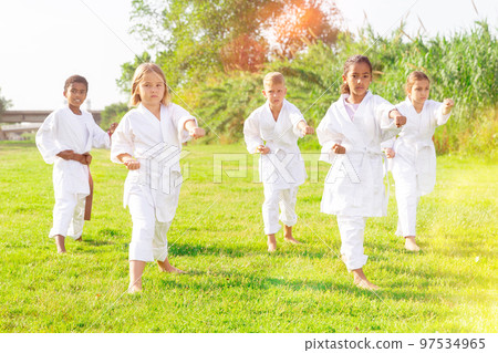 Children in kimono practicing karate in summer outdoors Children in kimono practicing karate in summer outdoors 97534965