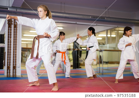 Girls in kimono standing in combat stance in gym Girls in kimono standing in combat stance in gym 97535188