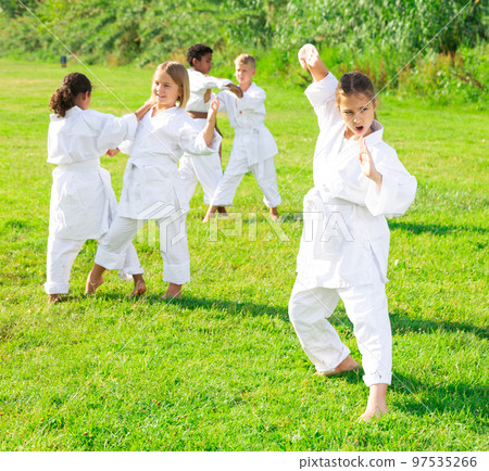 Preteen girl practicing karate with group in summer park 97535266