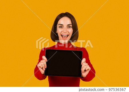 Excited attractive lady showing digital tablet with blank screen 97536367