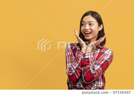 Huge sale or promo concept. Joyful korean woman screaming and touching her cheeks, looking at copy space 97536497