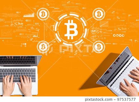 Bitcoin theme with people working together 97537577