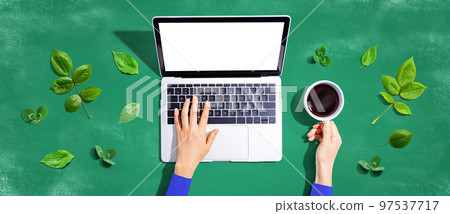 Person using a laptop computer with green leaves 97537717
