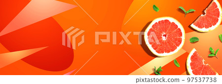 Fresh grapefruits and mints overhead view 97537738